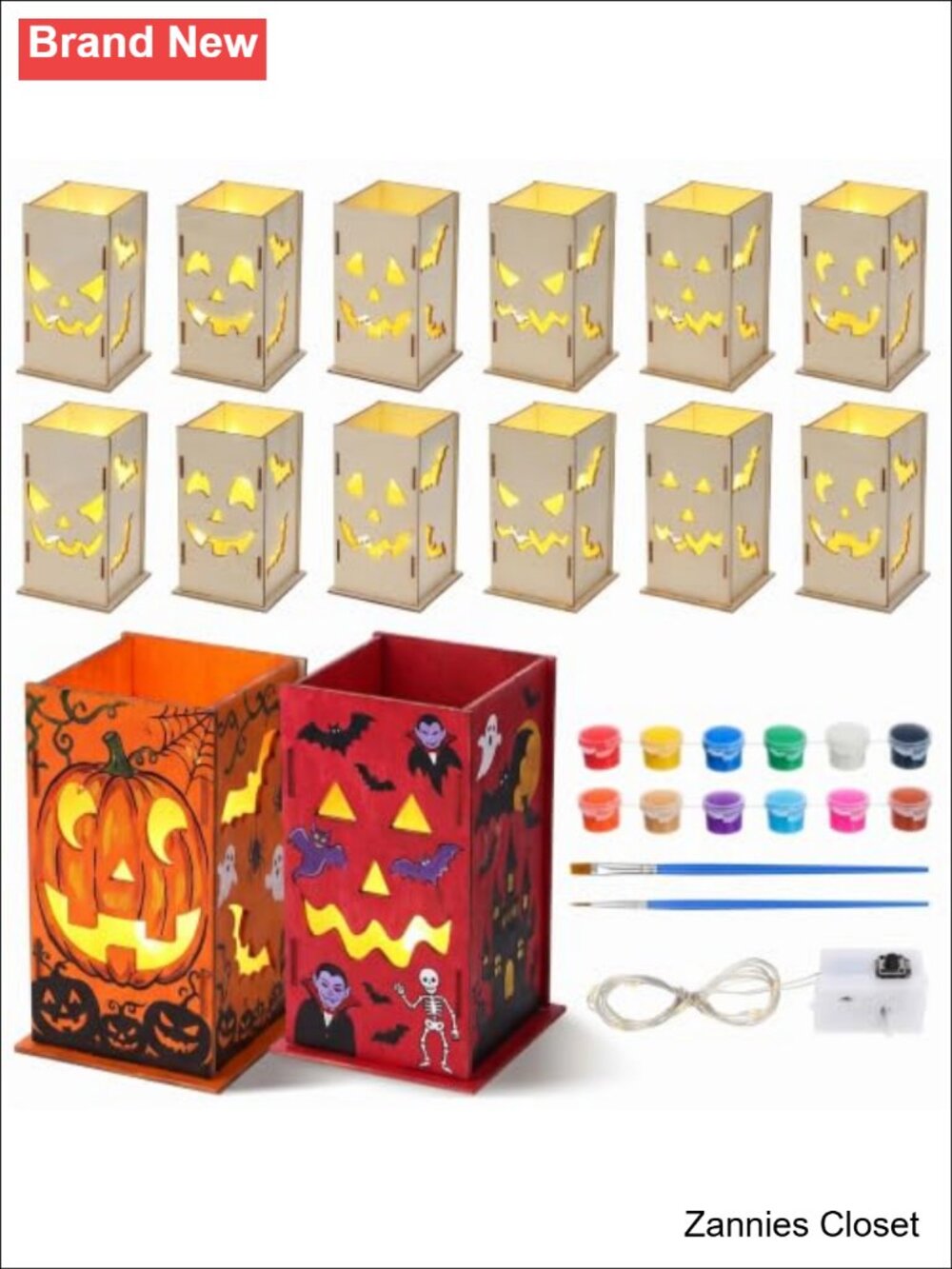 👻 DoubleFill Halloween Wood Lantern Craft Kit Set of 12 DIY Paint LED Lights